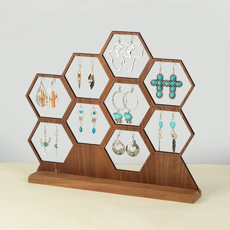 Hexagonal Earring Display Stand Wooden Earrings Jewelry Storage Rack Retro Organizer Pendant Display Jewellery Holder Prop