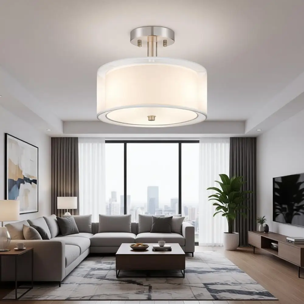 

Semi Flush Mount Ceiling Light, Drum Shade, Suitable for Dining Room and Kitchen
