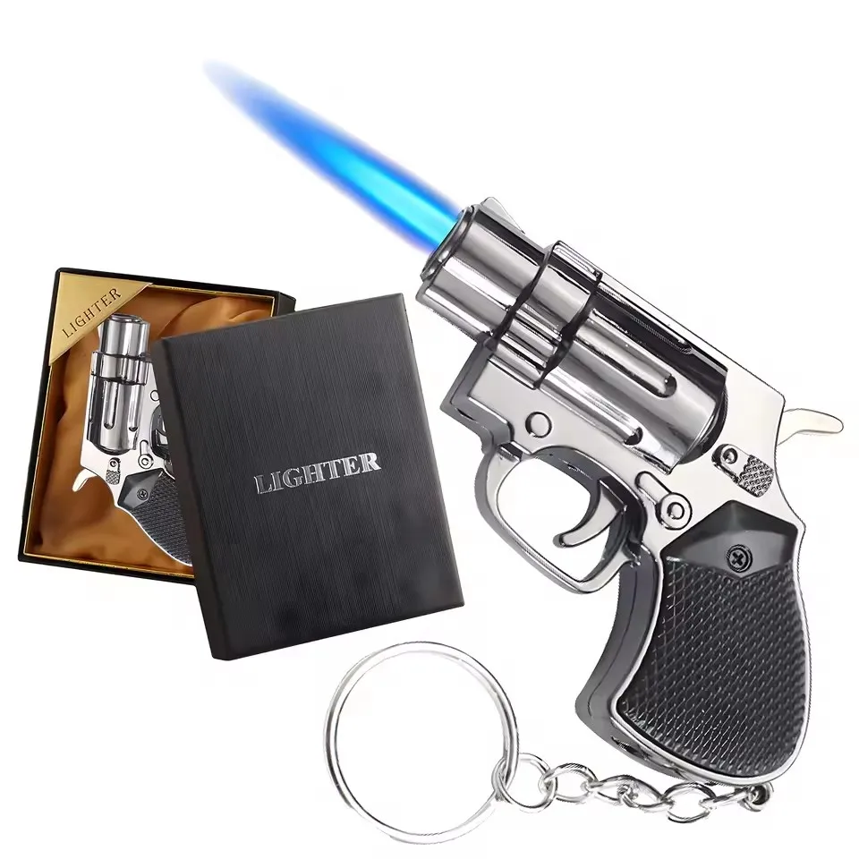 Coole Pistolenförmige Jet-Flammen-Taschenlampe Einstellbare Flamme Windfest Nachfüllbar mit Butan für Zigarren Geschenke Outdoor (Ohne Butangas)