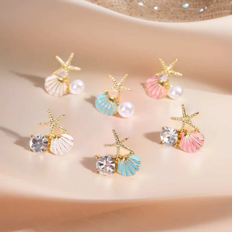 Cute Starfish Shell Shape Stud Earrings for Women Enamel Oil Rhinestones Mini Imitation Pearl Beads Asymmetric Earrings Jewelry
