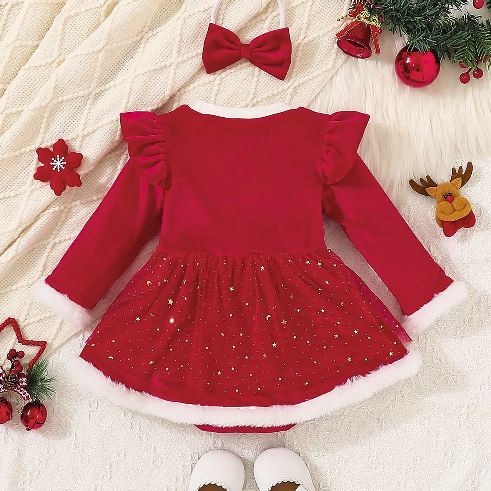 0-24M Christmas Baby Bodysuits Newborn Toddler Infant Girl Red Velvet Ruffle Jumpsuit Xmas New Year Costumes Baby Girl Clothes