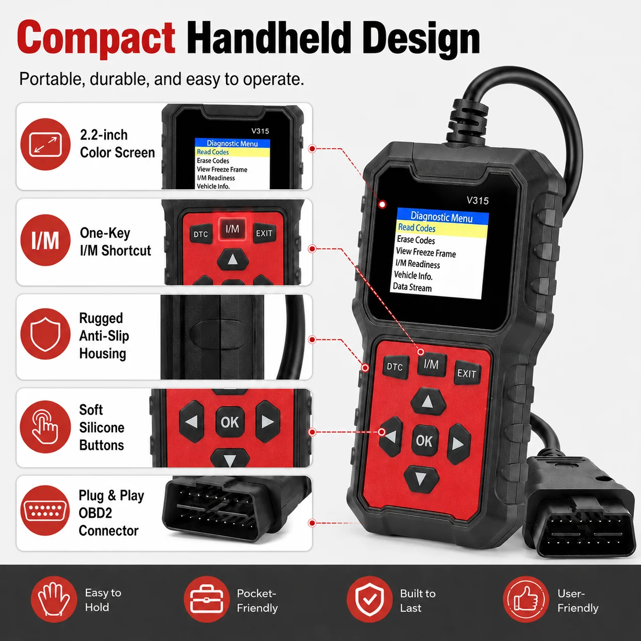 V315 Professional Obd2 Car Scanner, Advanced Engine Diagnostic Code Reader, Live Data Stream, I/M Readiness Test, Fault Code Era