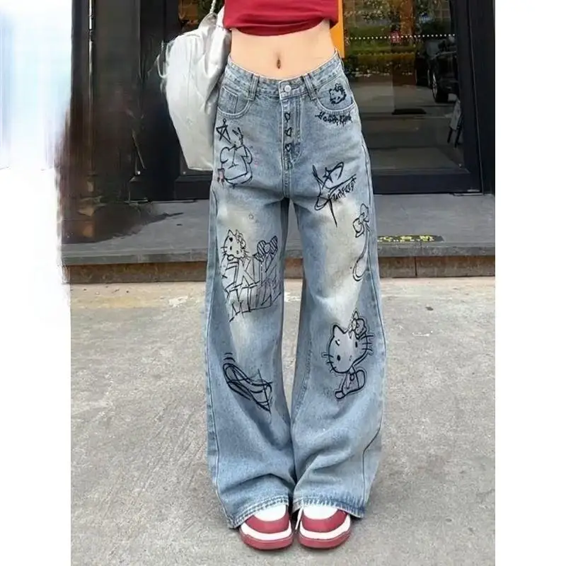 

Sanrio Kawaii Jeans Hello Kittys Cute High Waist Trousers New Style Girl Fashion Straight Retro Comfortable High End Gifts