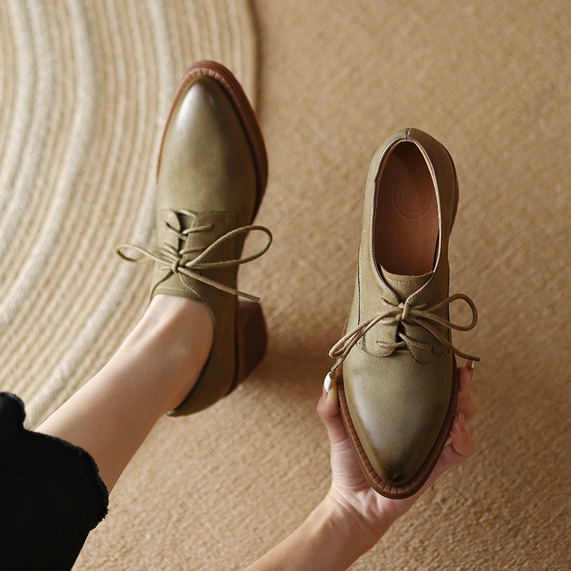 Women Pumps Shoes Genuine Leather Retro Thick High Fashionable Pointed Toe versatile and Comfortable High Quality Lace-up A70