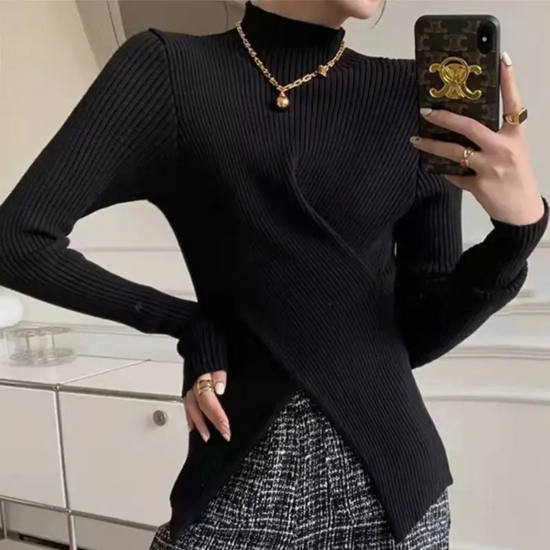 Crriflz Half Turtleneck Knitted Bottoming Top For Women Autumn Winter Slimming Niche Hem Slit Sweater Pullover