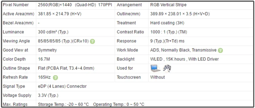 NE173QHM-NY5 NE173QHM NY5 17.3 inch LED LCD Screen IPS Panel QHD 2560x1440 170PPI EDP 40pins 165Hz Non-touch