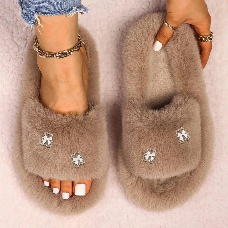 Winter Warm Female Faux Fur Slippers Fluffy Soft Bowknot Bear Platform Shoes Home Slides for Women Fashion Casual Flip Flops