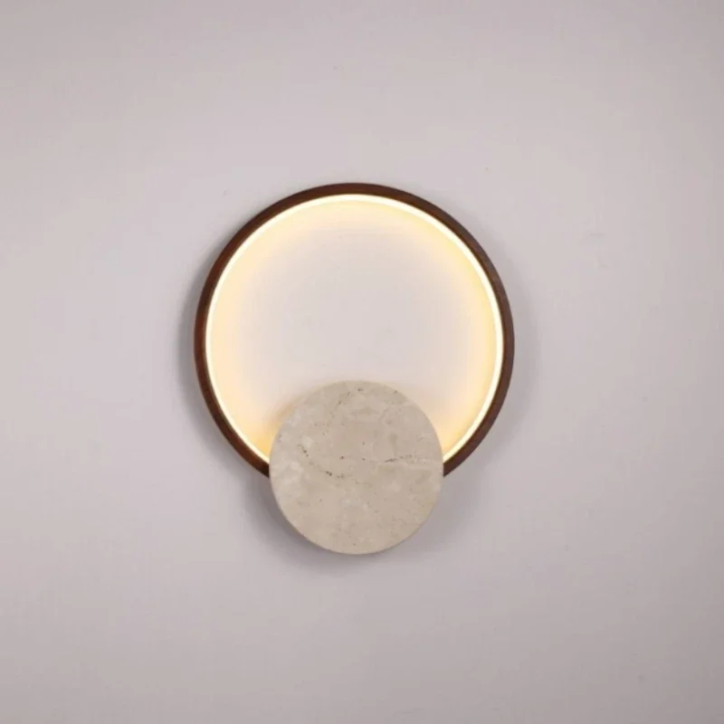 New Style Natural Stone LED Wall Light Round Dark Wood Dimmable For Indoor Parlor Bedroom Stairs Atmosphere Sconce