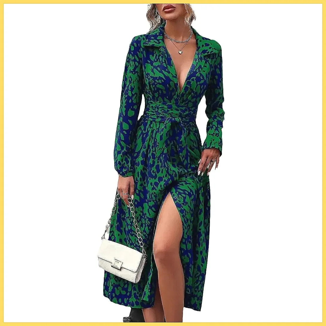 Elegante Abito Lungo da Donna 2026 con Maniche Lunghe, Colletto Allacciato e Patchwork per Feste