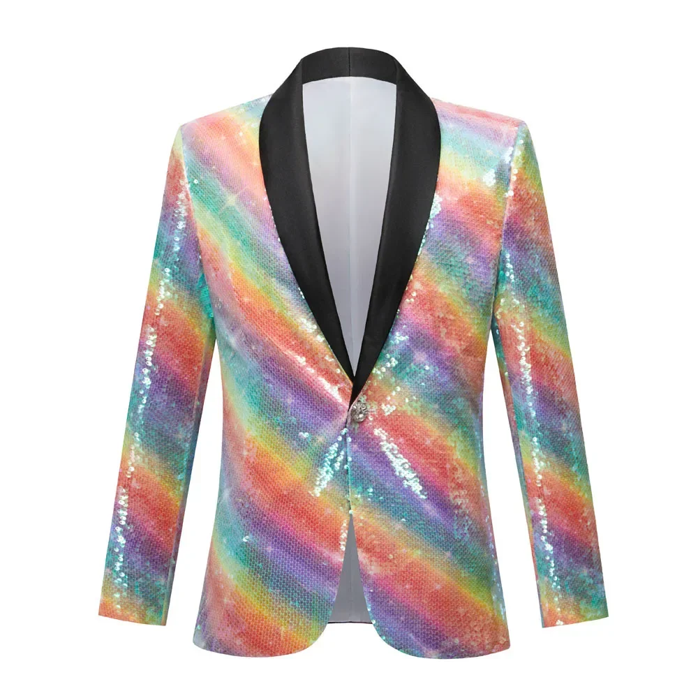 

Colorful Striped Shiny Sequins Suit Coat Men 2023 New Slim Shawl Lapel Suits Blazers Jacket Men Party Prom Stage Singer Clothing