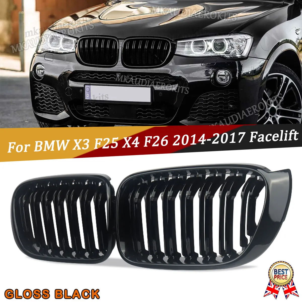 

Racing Grille Compatible For BMW X3 X4 F25 F26 2014-2017 Front Bumper Kidney Grills Double Line Sport Grill Glossy Black