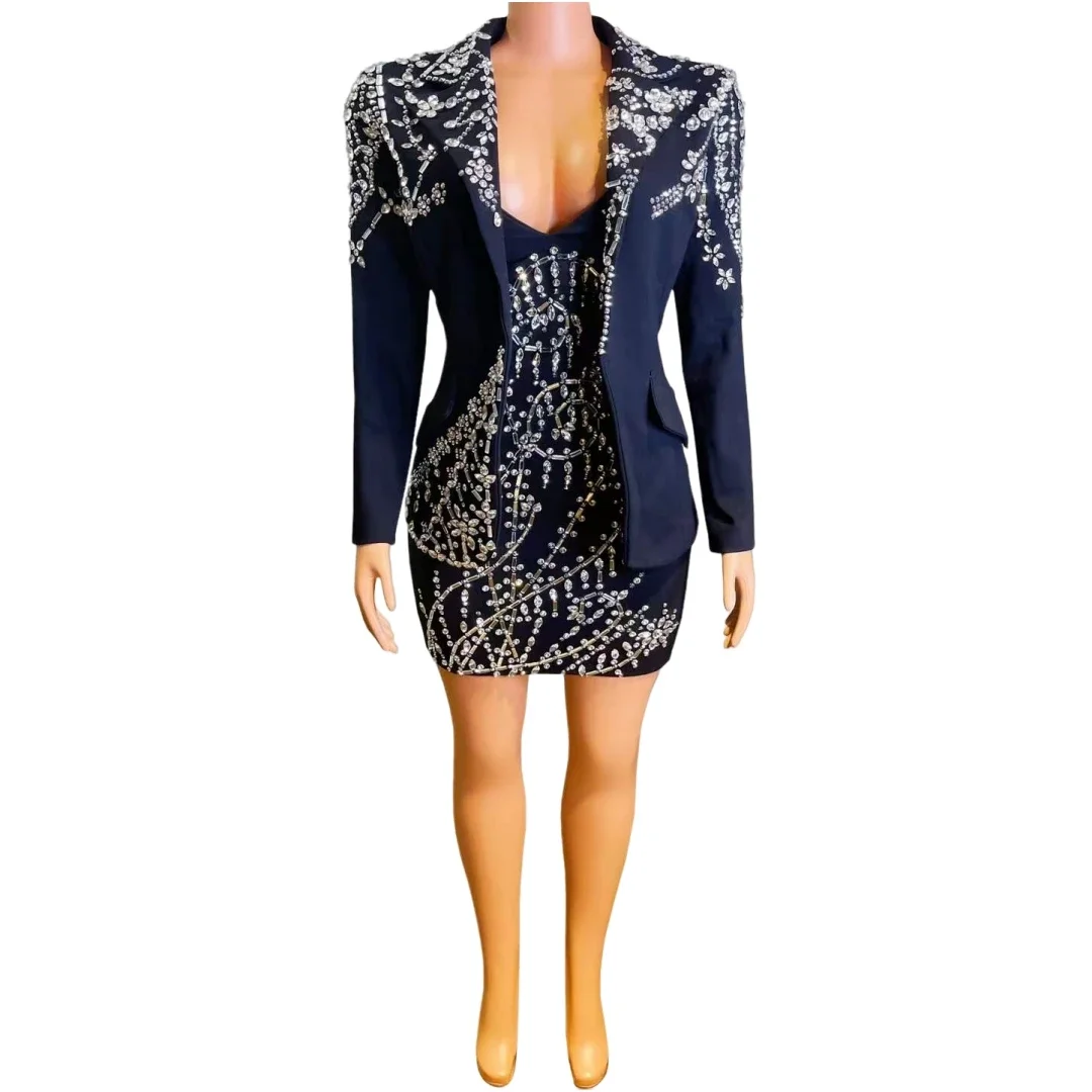 Sparkly Women Rhinestone Blazer Birthday Party Queen Mini Dress Nightclub Stage Wear DJ DS Gogo Celebrate Outfit