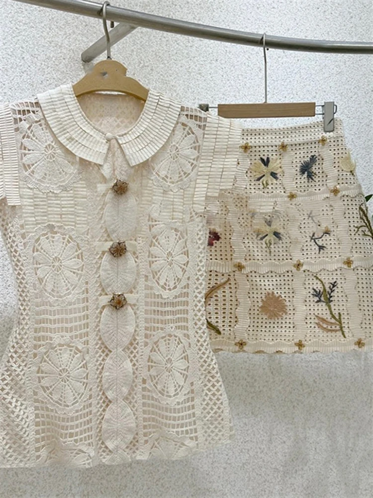 Woman Two Piece Set Women Clothing Elegant Embroidery Lace Single-breasted Summer Sleeveless Top Shirt + High Waist Skirt Set