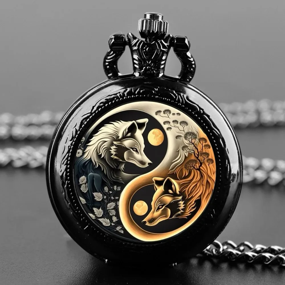 Creative YinYang Wolf Animal Pattern Design Mini Pocket Watch with Necklace Pendant World-Time Feature, Gift For Women Men Kids #1