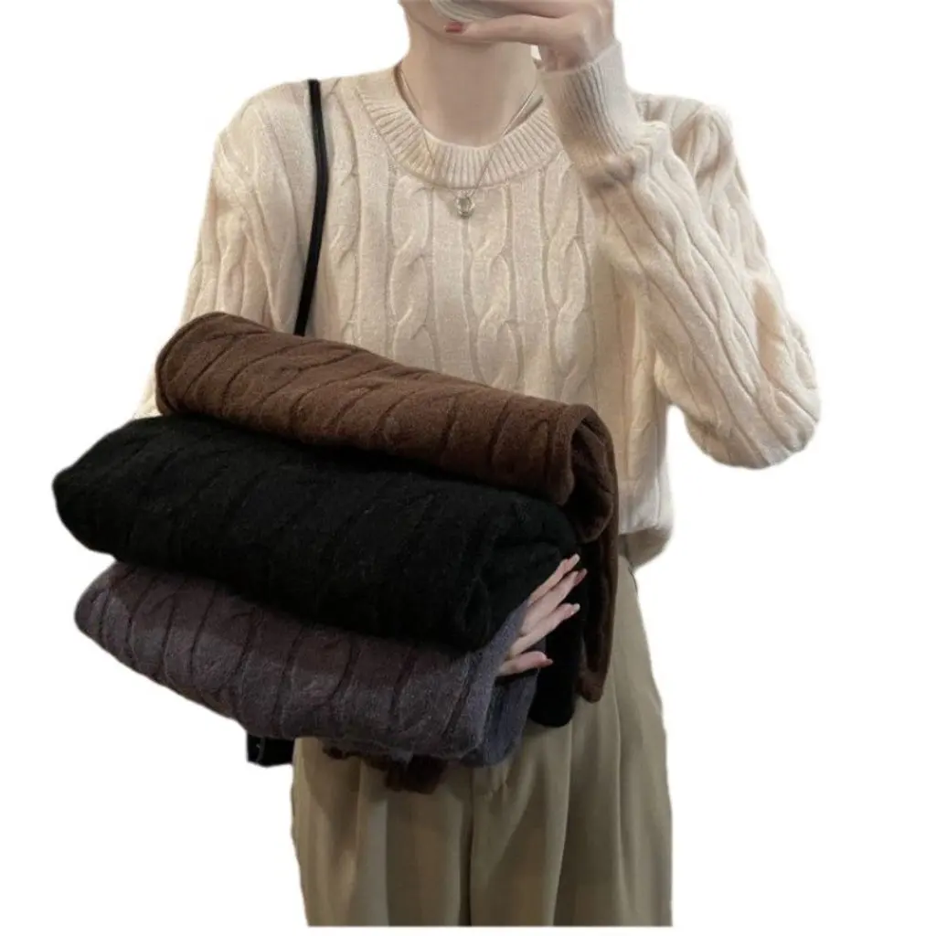 

Women's Lazy Style High-End Twist Pullover Knitwear Pure Color Warm Inner Autumn Winter New Fashionable Sweater