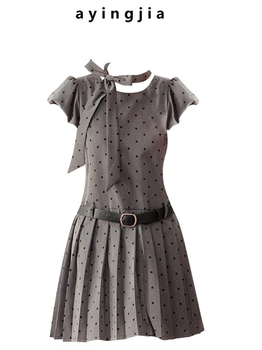 

Sweet Knot Design Polka Dot Dr ey Waist Cinching Women's Summer Faion Ele Ladylike Skirt Dr