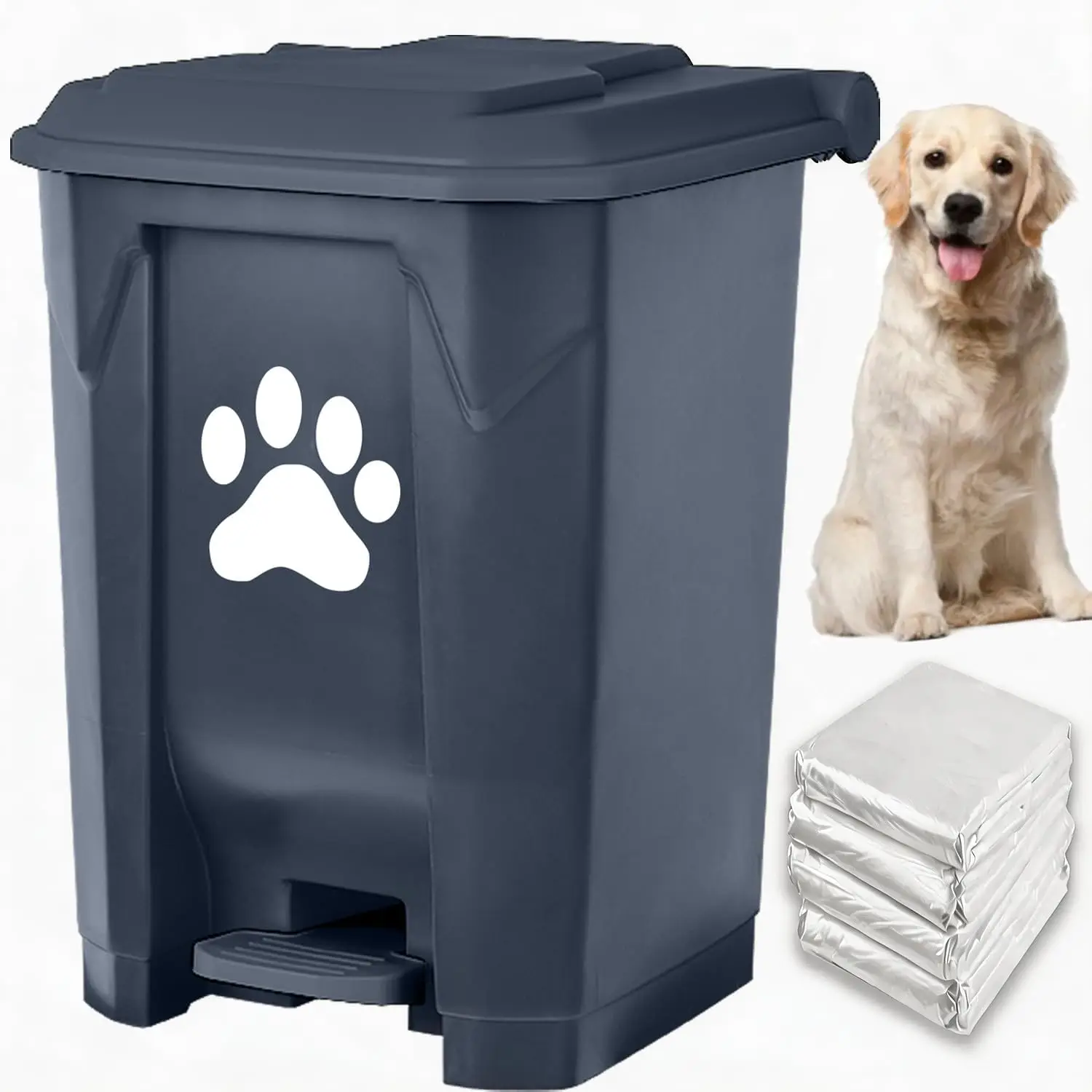 

Hands-Free Dog Waste Station with Removable Bin and Lid, Grey Outdoor Pet Poop Trash Can for Garden Yard Home