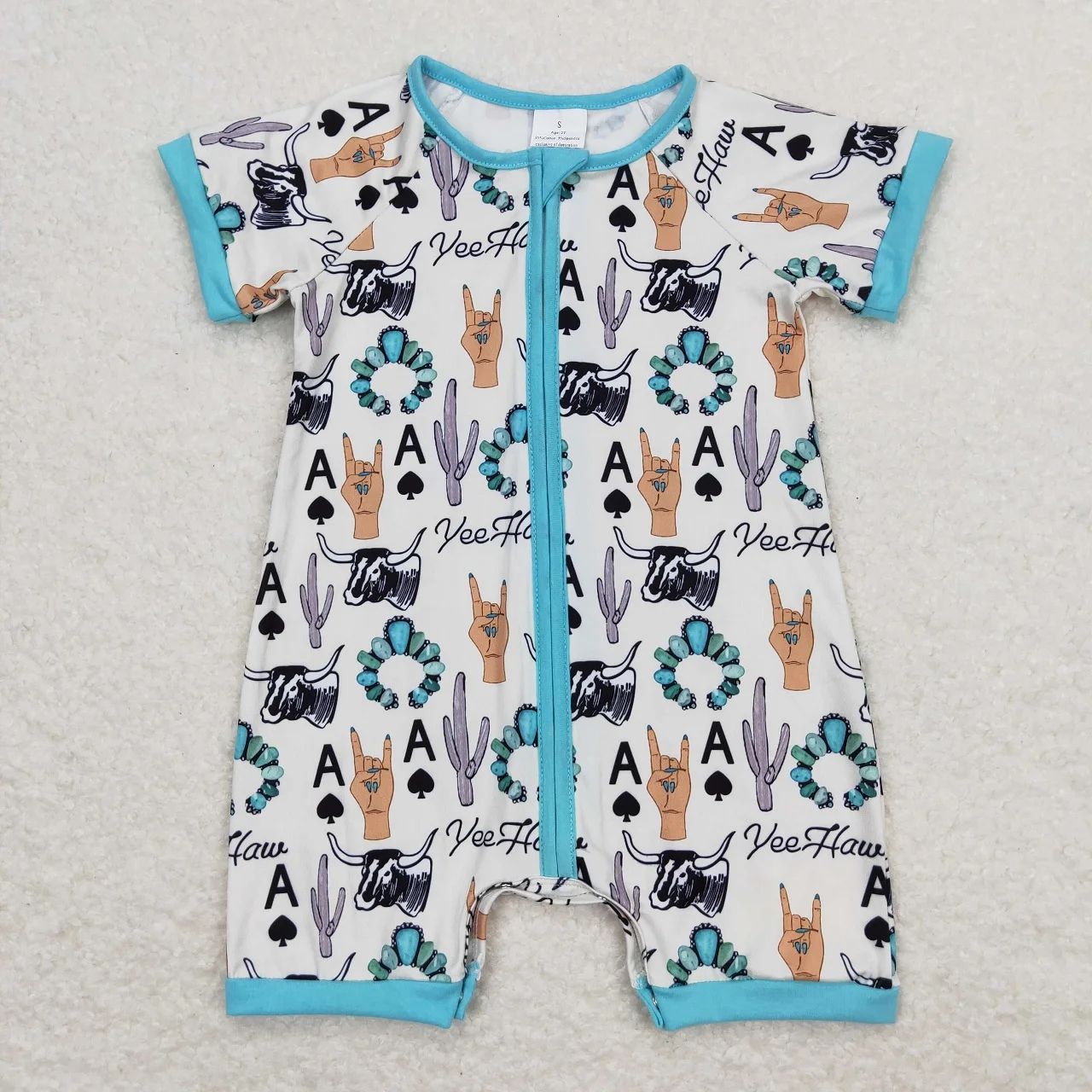 Wholesale Kids Newborn Western One-piece Coverall Bodysuit Baby Boy Toddler Cows Cactus Zipper Blue Romper Jumpsuit Clothing