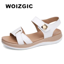 WOIZGIC – chaussures en cuir véritable pour femmes, sandales plates, souples, boucle à crochet, style coréen, scintillantes, pour la plage, taille 35-40, été