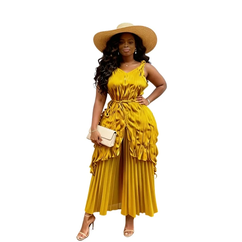 Miyake Pleated Women's Casual Suit 2026 Summer New Sexy Light Luxury Gold and Silver Suspender Top Wide-leg Pants Two-piece Set