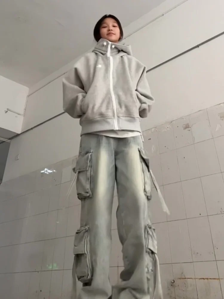 Americano retro thiened oversized casual com capuz aberto cardigan lã moletom feminino outono inverno solto preguiçoso casal outfits