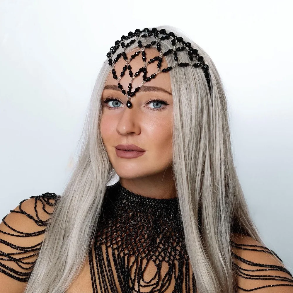 Boho Black Pearl Mesh Forehead Headband Chain Wedding for Women Fashion Design V Shape Beads Hair Chain Hat Dress Accessories