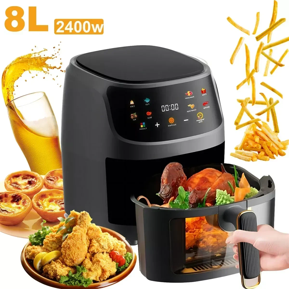 8L 2400W Air Fryer with Touch Screen Temperature Regulation and Display Programmable Air Fryer (8 Liters)