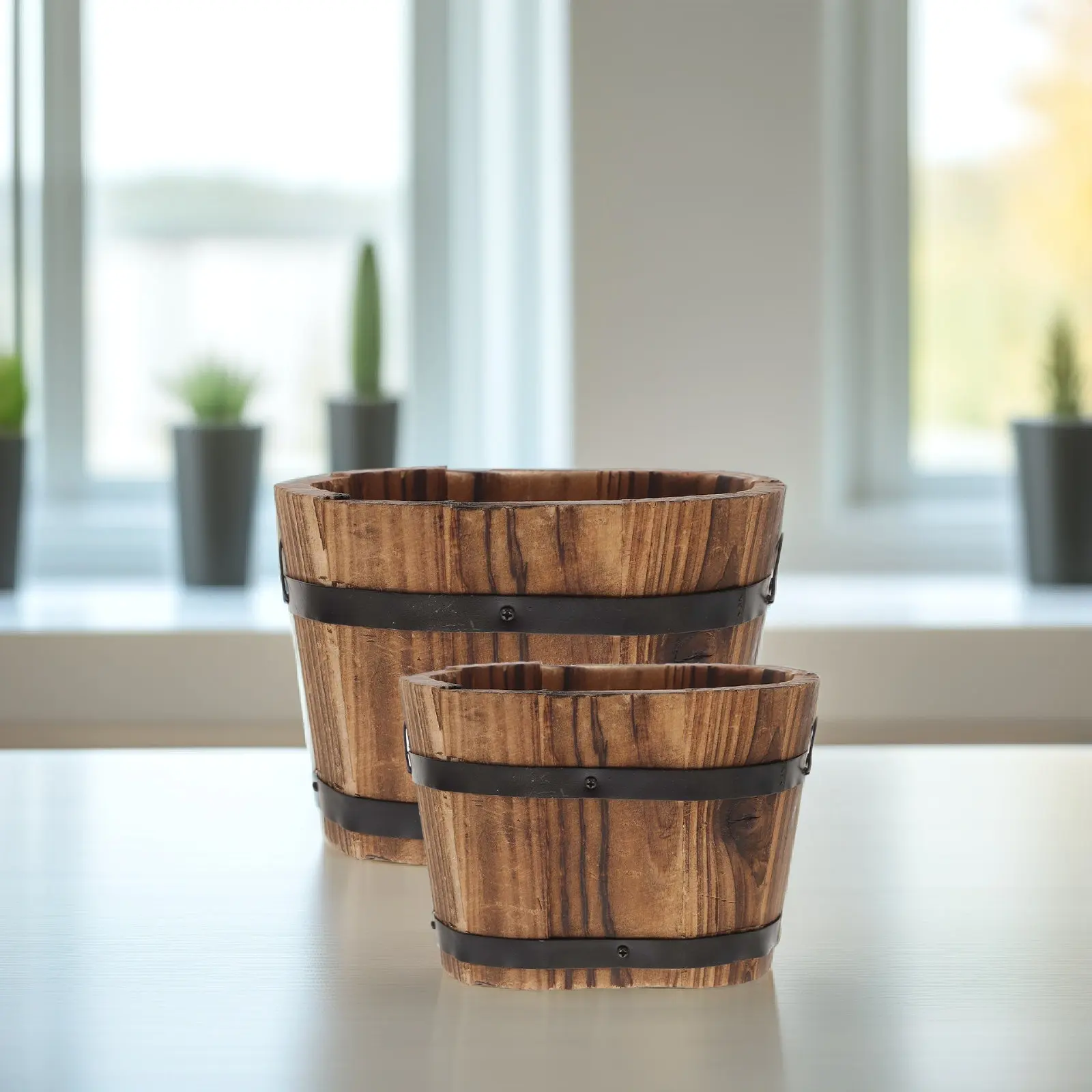 Vintage Wooden Flower Pot Set – 2pcs Small Succulent Planter & Pencil Holder for Desktop, Home, Office, Garden