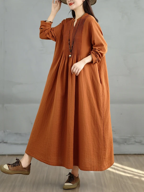 Vestido Maxi Artístico Retro de Manga Longa para Mulheres, Saia de Camadas Duplas, Vestido Casual de Outono com Decote em V O...