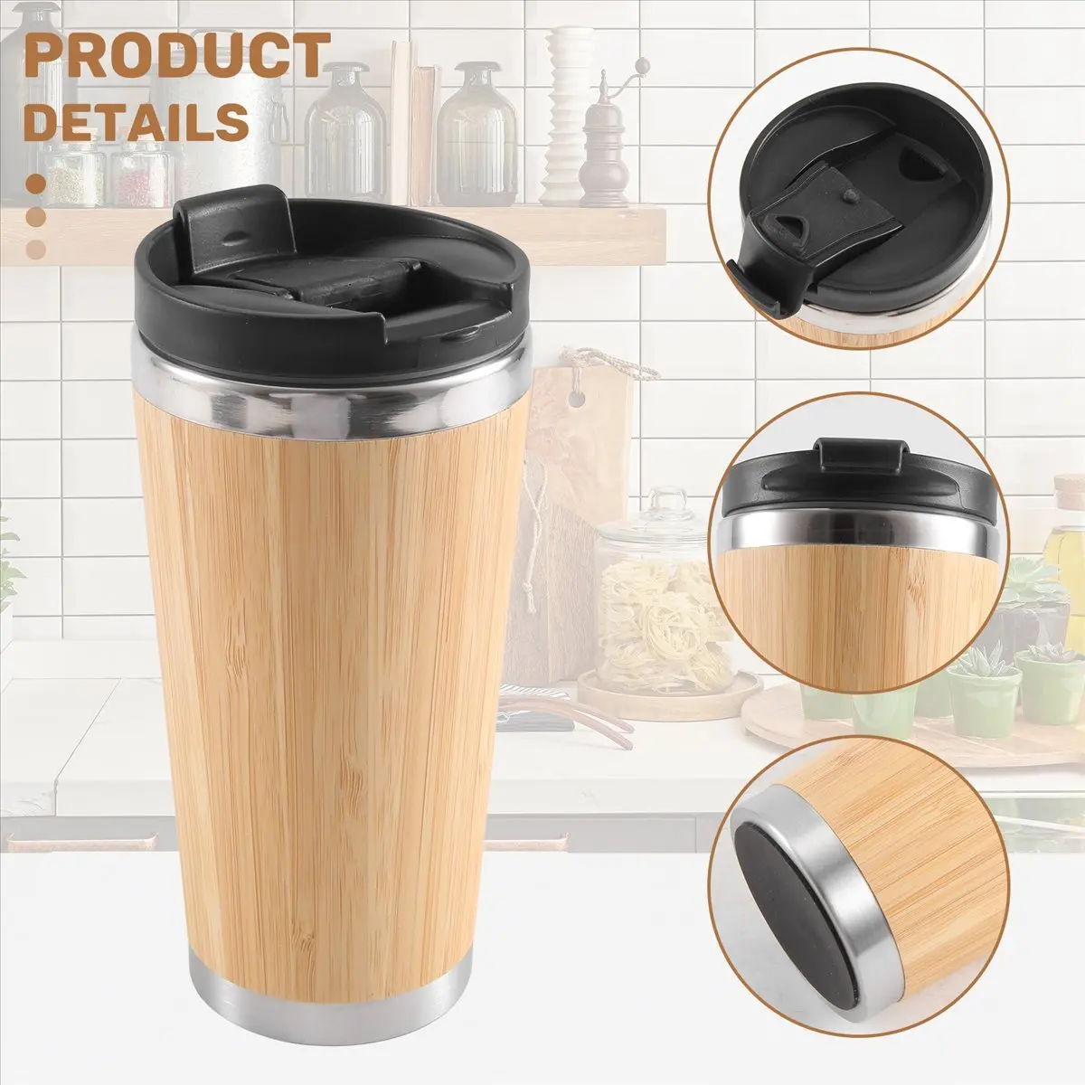 MALL 450Ml Bamboo Coffee Cup Stainless Steel Coffee Travel Mug With Leak-Proof Cover Insulated Coffee Accompanying Cup Reusable
