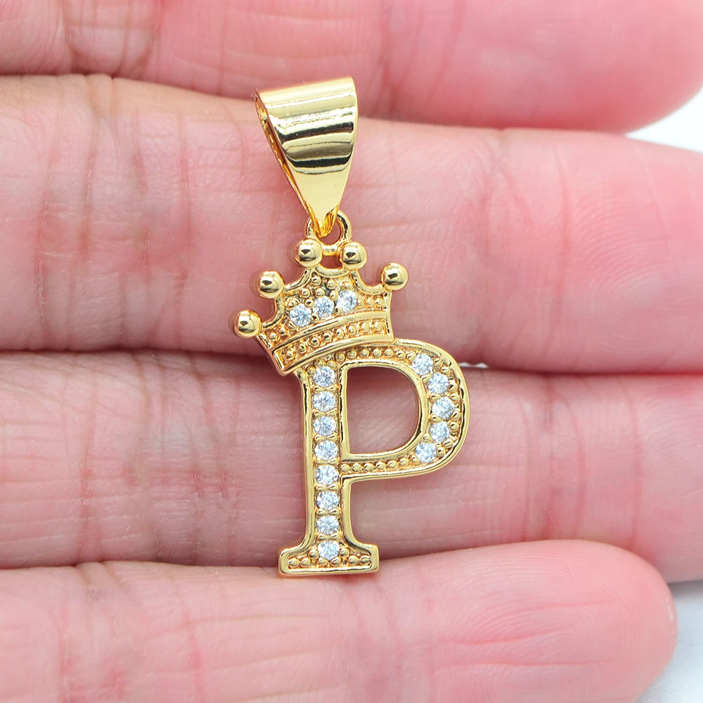 High Quality Gold Color Clear Cubic Zirconia Fashion Alphabet Letters Small Crown Pendant Jewelry