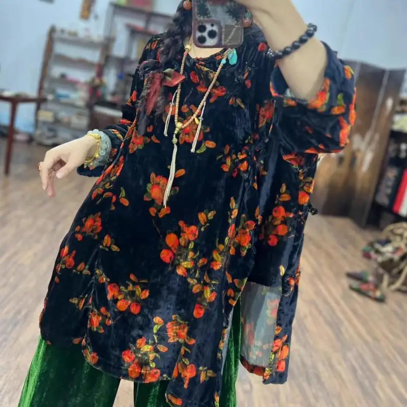 

Новое поступление, осенние женские свободные повседневные рубашки в стиле искусства с длинным рукавом и v-образным вырезом, винтажная бархатная длинная блузка с цветочным принтом и пуговицами из бисера