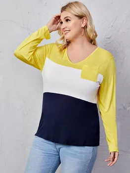 Dames Stropdas Achterkant Plus Size Casual T-Shirt Zak Met Lange Mouwen Geel Blauw Wit Geblokkeerd Lente Herfst Elegante Top Blouse 6x