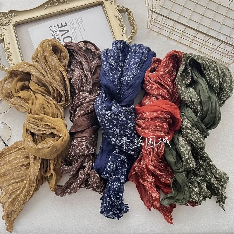 New Artistic Floral Retro Pleated Cotton Linen Scarf Thin Versatile Women\'s Scarves Paired Clothing Autumn Winter Fashion Trend