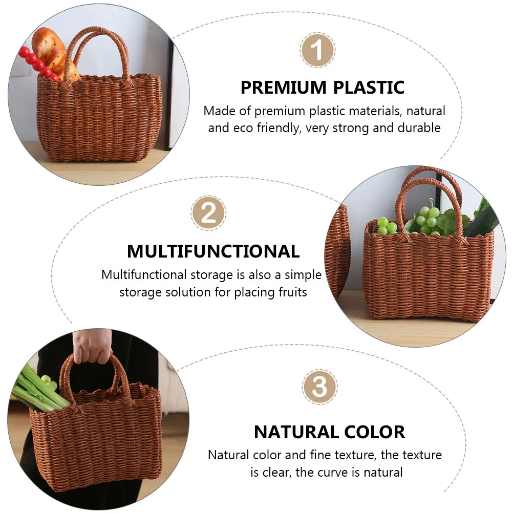 1Pcs Plastic Tote Basket Brown Natural Texture Durable Fruit Vegetable Holder Picnic Storage Container Home Garden