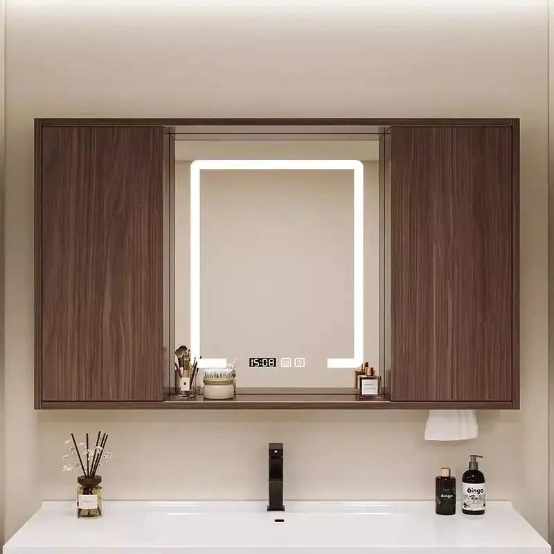 Intelligent feng shui mirror cabinet, antique black walnut cream in the bathroom, push-pull folding hidden, separate wall-mounte