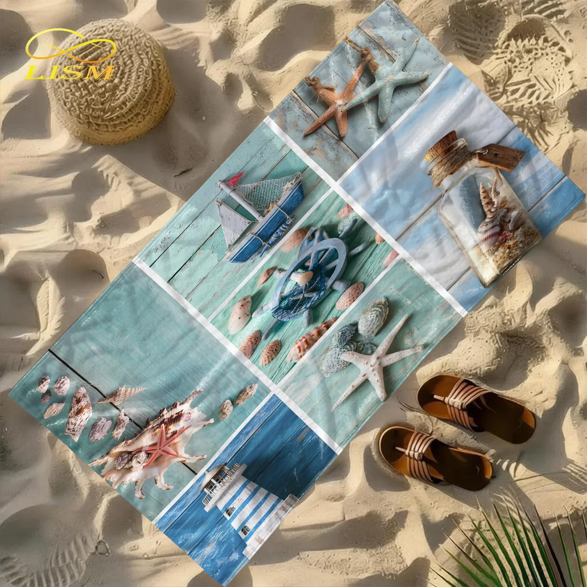

LISM Ocean Theme Beach Towel, Seashell Starfish Sailboat Lighthouse Print, Quick - Dry Absorbent Towel for Beach Pool Vacation