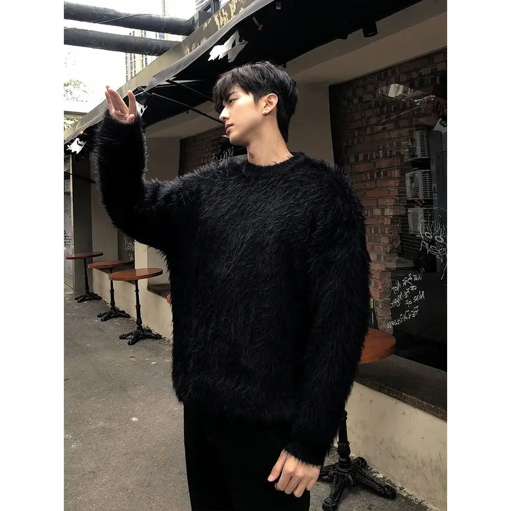 Soft White Mink Velvet Men's Sweater Loose Knitted Winter Outerwear Casual Long Sve round Ne Sweatirt Youth Faion