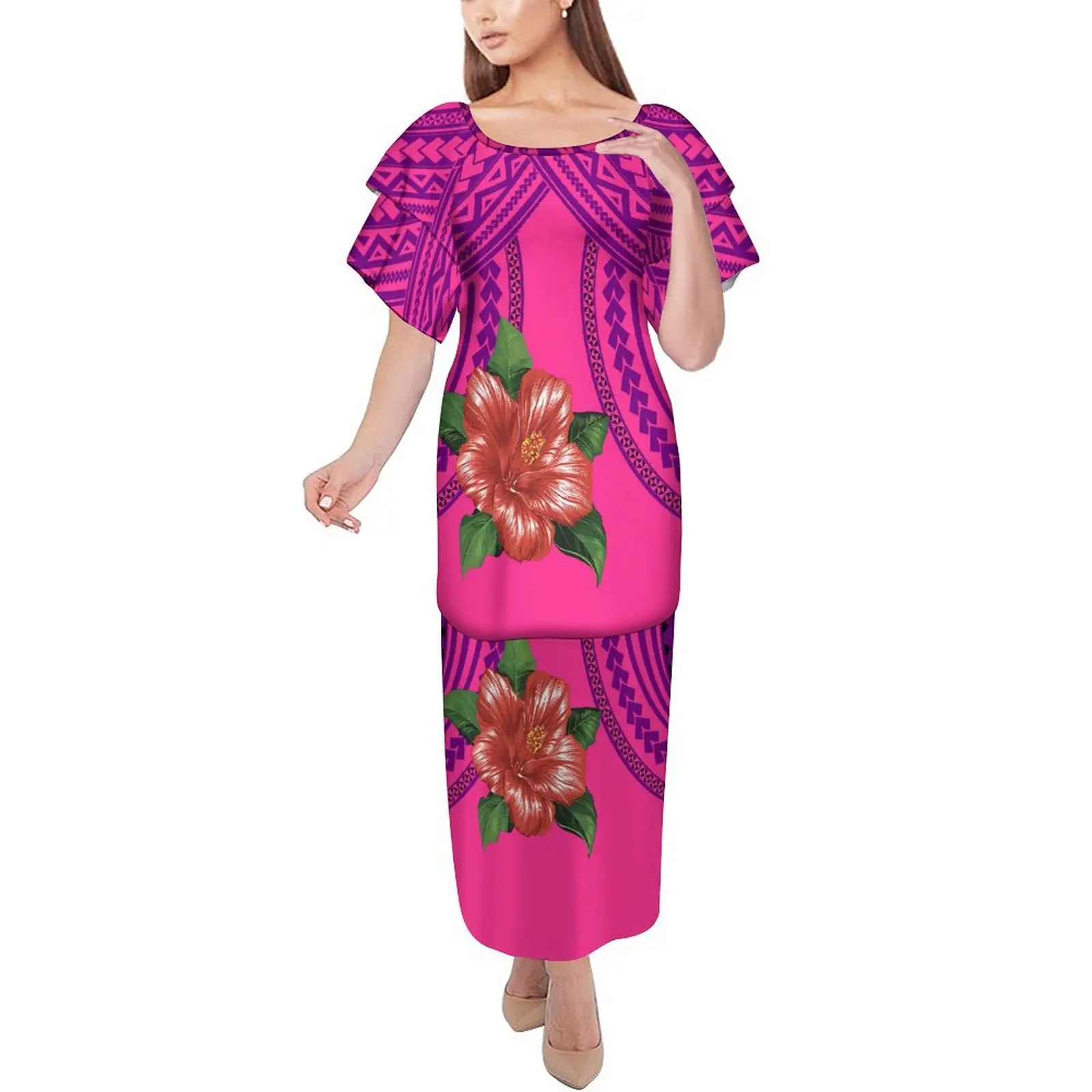 

Custom New Style Summer Women'S Short Sleeve Dress Puletasi Two-Piece Samoa Crew-Neck Dress Polynesian Island Design