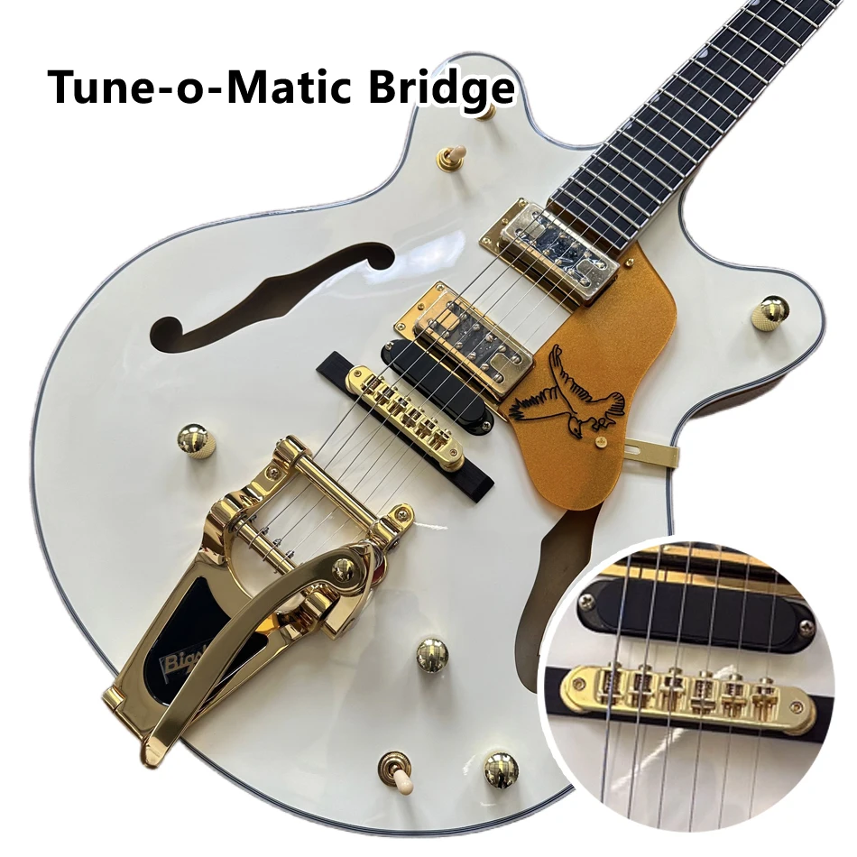 Milk-White Hollow Body Jazz Electric Guitar, Rosewood Fingerboard, Gold Hardware, Tremolo Bridge, Free Shipping