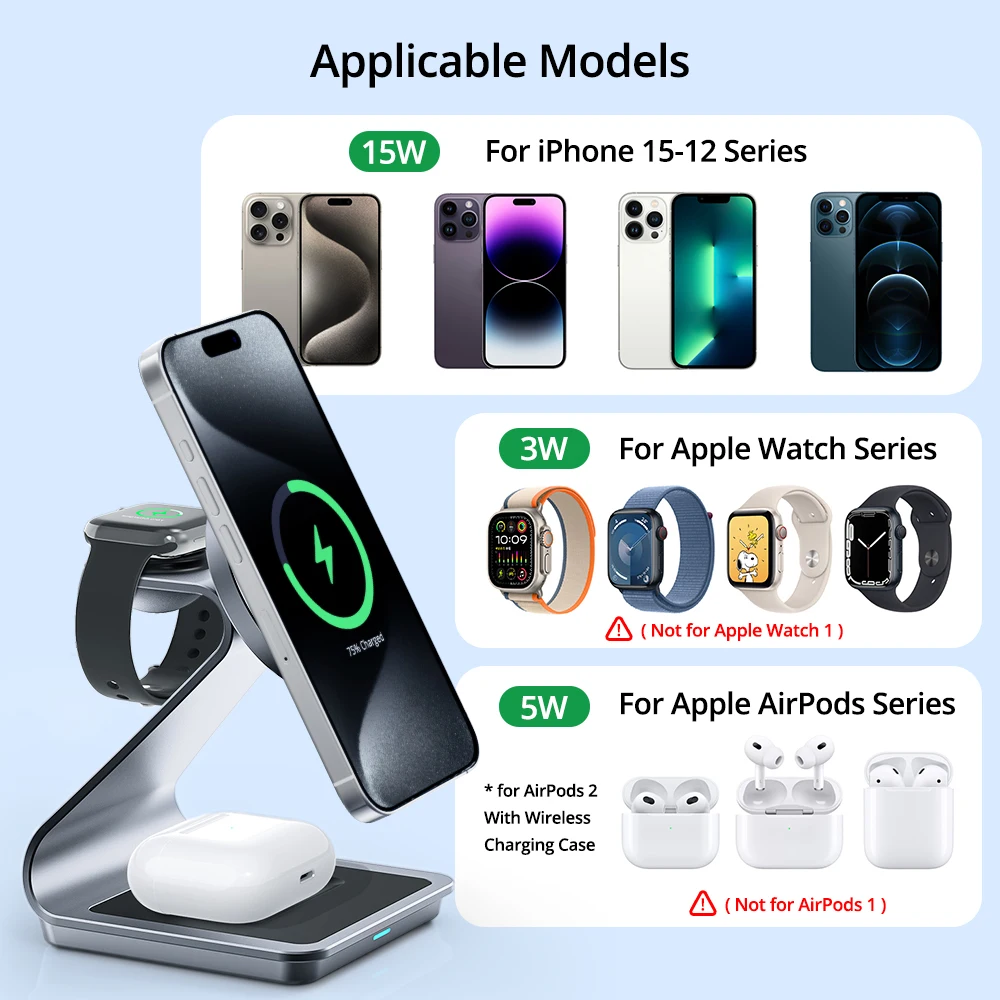 Bonola Metal 3 in 1 Magnetic Charger Stand for iPhone 15 Pro Max/14/13/Apple Watch Magnetic Wireless Charger Station for AirPods