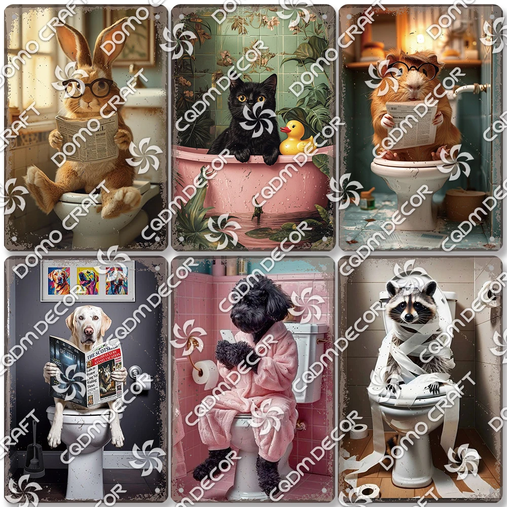 Funny Toilet Tin Sign Vintage Metal Poster Rabbit Raccoon Cat Dog Metal Plates Retro Wall Decor for Cafe Bathroom Home