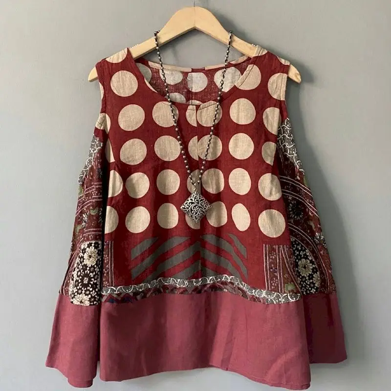 Camisetas de algodón y lino para mujer, diseño original, cuello redondo, sin mangas, holgadas, estilo vintage, camiseta con estampado de muñeca, Tops TshirtYY41