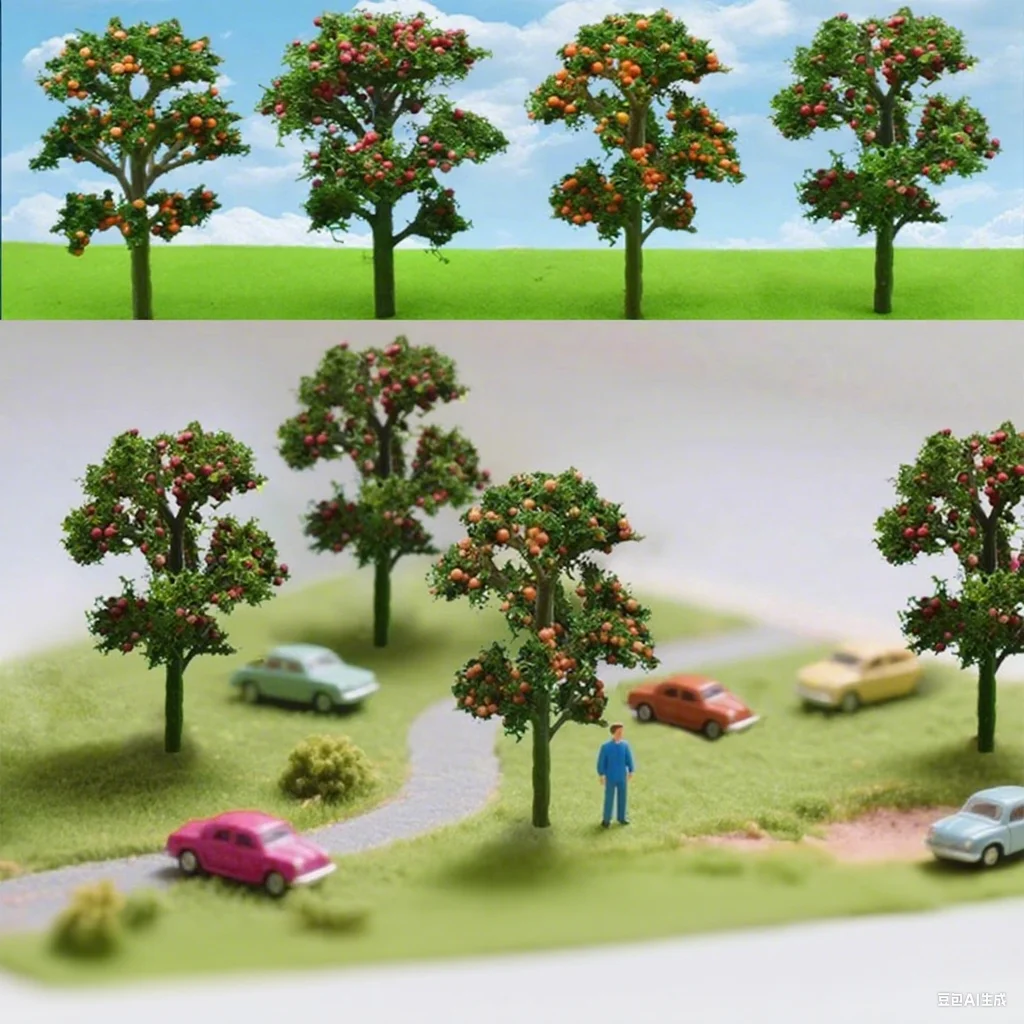 Zestaw 10 mini drzewek do dioramy krajobrazowej, 5-7 cm, plastikowe drzewka jabłoni i pomarańczowe drzewka owocowe do modeli kolejowych, majsterkowania, modeli architektonicznych.