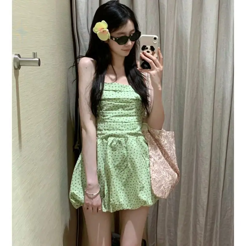Mini abito con bretelle stampato floreale verde Donna 2025 Nuovo dolce senza maniche a vita alta Slim A Line Abiti da spiaggia