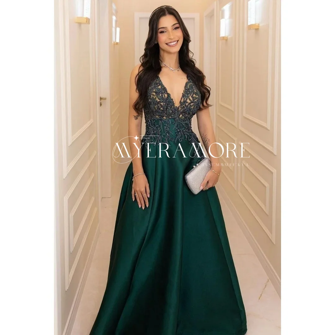 

Customized Teal V Neck Evening Dresses for Women Satin Beading Lace Appliques Spaghetti Strap Prom Dress 2025 robes de soirée