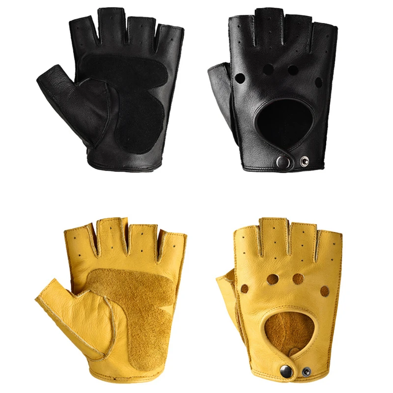 قفازات جلدية بنصف إصبع للرجال ، قفازات قيادة رياضية للياقة البدنية مانعة للانزلاق ، قفاز جلد الغنم العتيق للدراجات النارية ، قوي مقاوم للاهتراء