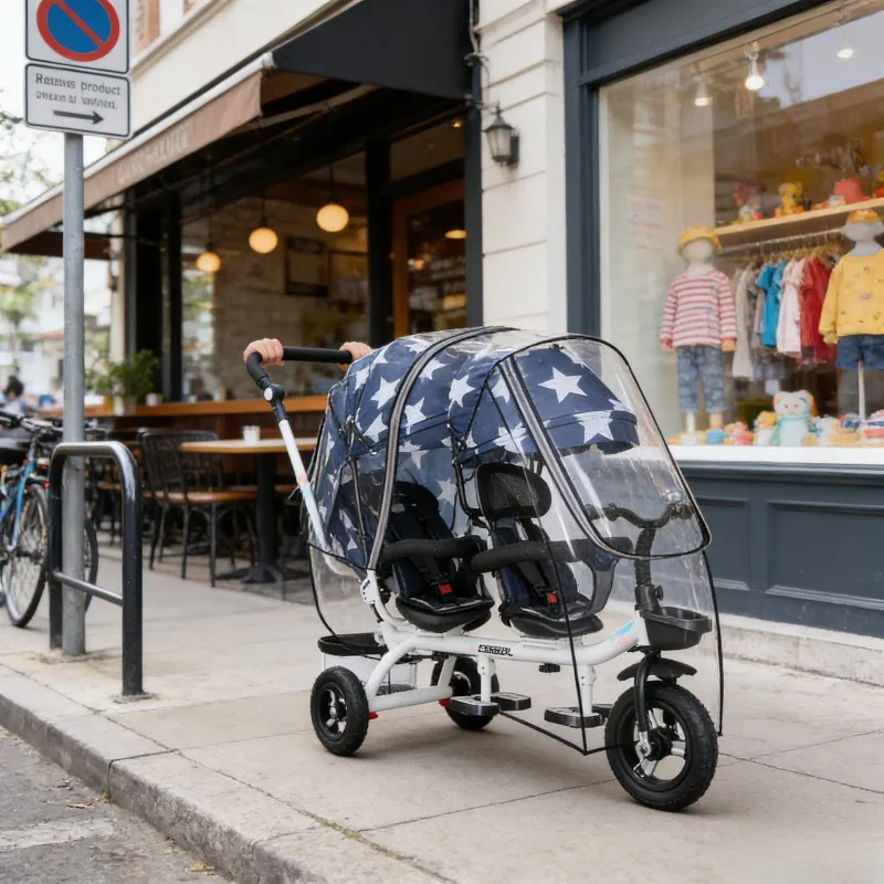 Windproof Twin Baby Stroller Rain Cover for Double Seat Pushchair Front Back