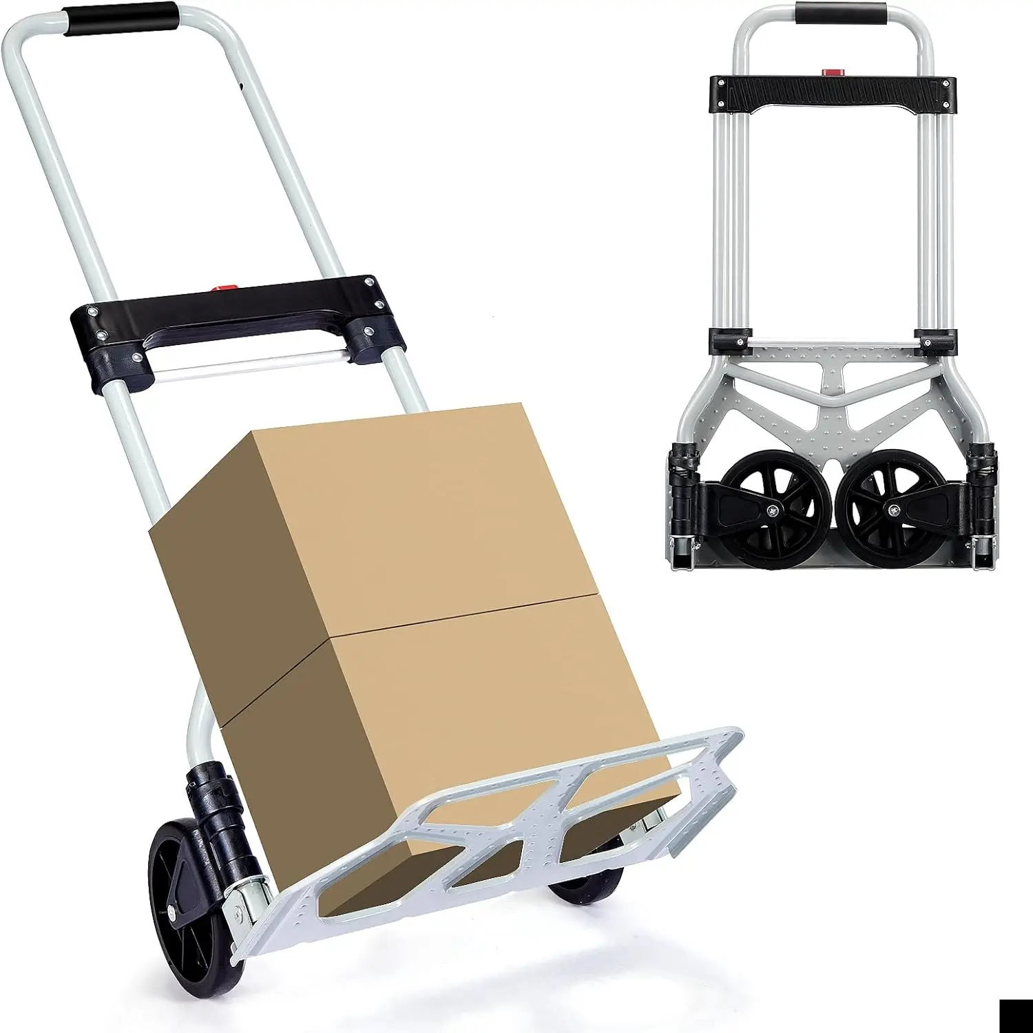 

Портативная складная алюминиевая ручная тележка с телескопической ручкой, черным эластичным шнуром и прочными колесами для тяжелых грузов до 260 фунтов.