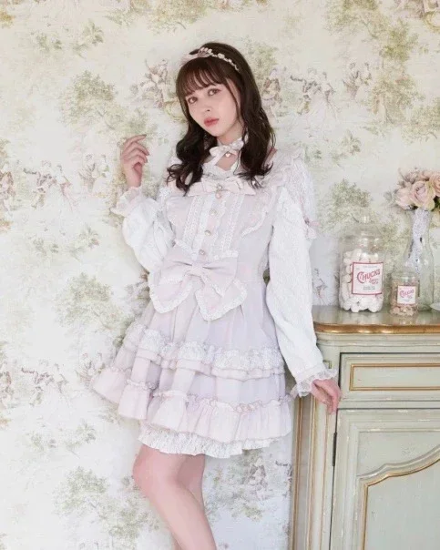 Estilo japonês liz produzido em massa vestido senhora renda manga longa arco lolita vestido outono menina feminino fita bolo camada vestido curto